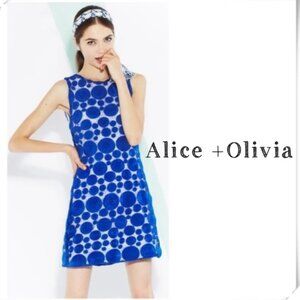 Alice + Olivia Textured Mini Polka Dots sleeveless Shift Dress in Royal Blue